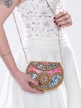 LILA MOSAIC CLUTCH | RECYCLED METAL STATEMENT BAG WITH STRAP